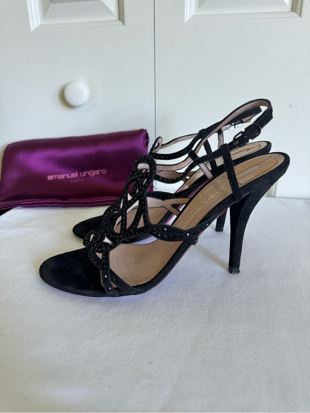 EMANUEL UNGARO Black Suede High Heels Evening Sandals 39/8.5